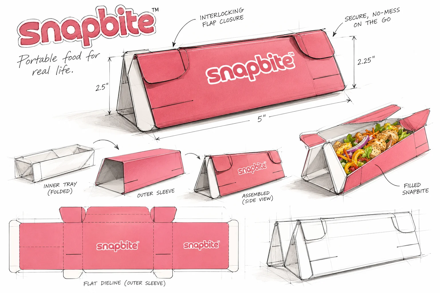 Hand-drawn concept sheet: the pink SnapBite sleeve with its dimensions, the inner tray, the filled SnapBite and the flat dieline