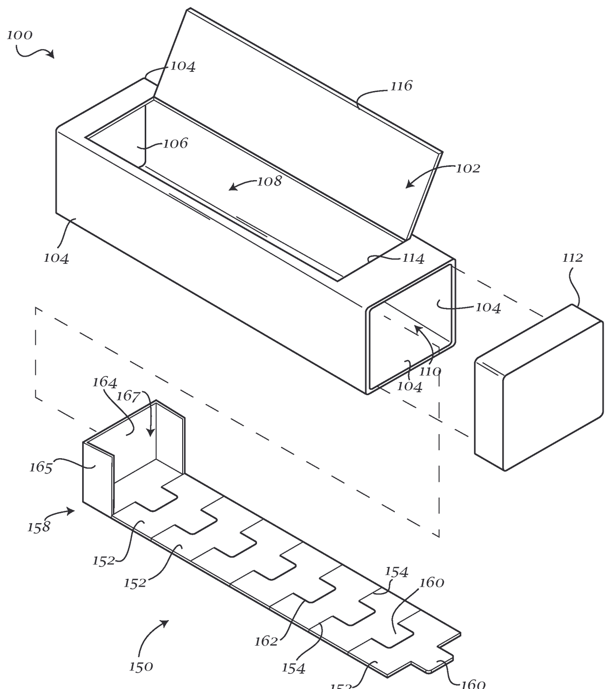 Pencil drawing: box with lid over a stepped tray